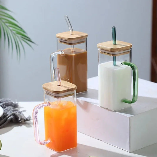 400ml square glass with straw wooden lid microwave safe glass meterail no colour only transparent