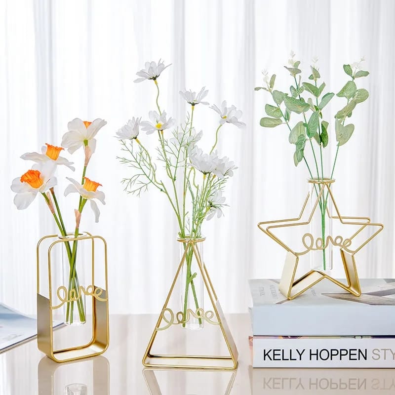 Glass Metal Frame Stand Flower Vase for Office Home Decoration (without Flowers)