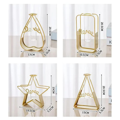 Glass Metal Frame Stand Flower Vase for Office Home Decoration (without Flowers)