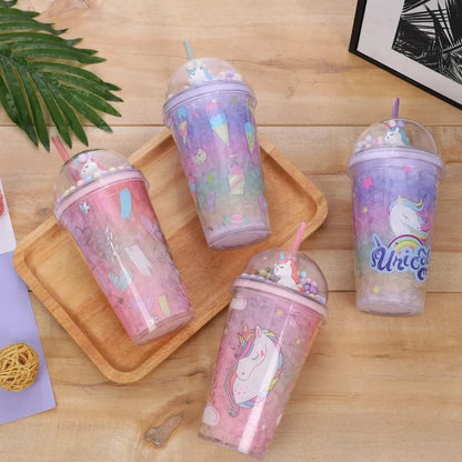 Unicorn Plastic Reusable Water Cup with Lid and Straw and light (550ml)