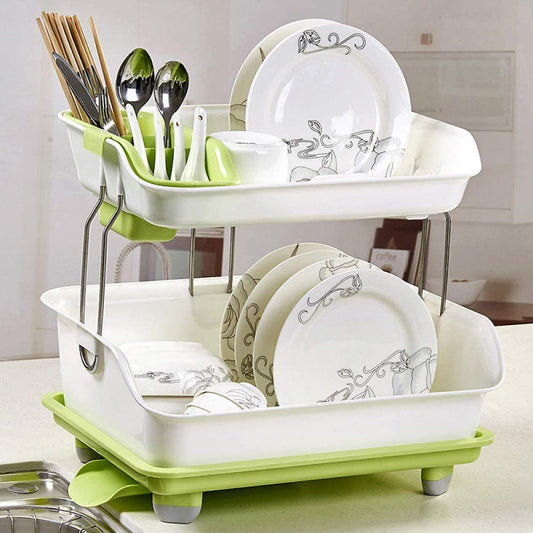 2 Tier Dish Rack With Adjustable Water Drainage