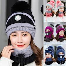 Women Winter Warm Cap Beanie with Neck Scarf and Woolen Mask